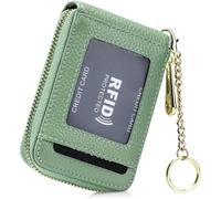 HUGGWRT Genuine Leather Minimalist Wallet for Women with Key Ring RFID Blocking Credit Card Holder Slim Pocket Purse for 12 Cards Pink 4.3 by 3 by 0.7 Inches, #6 Mint Green