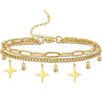 HUGGWRT Stainless Steel Dainty Star and Moon Layered Anklet for Women, Adjustable Crescent Moon Star Anklet Bracelet, Boho Beach Jewelry, gold star anklet