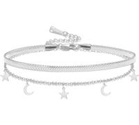 HUGGWRT Stainless Steel Dainty Star and Moon Layered Anklet for Women, Adjustable Crescent Moon Star Anklet Bracelet, Boho Beach Jewelry, silver layered anklet