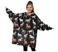 Huglanket Horse Gifts for Girls, Women, Horse Lovers, Wearable Flannel Horse Blanket Hoodies, Black, One size