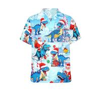HUGLAZY Christmas Hawaiian Shirt for Men Tropical Short Sleeve Button Down Shirts Funny Party Outfit, Santa Claus Dinosaur, XXL