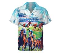 HUGLAZY Hawaiians Shirt for Men Short Sleeves Button Down Beach Shirt Summer Men Party Outfit, Horse Race, Large
