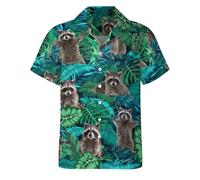HUGLAZY Hawaiians Shirt for Men Short Sleeves Button Down Beach Shirt Summer Party Outfit, Raccoon, Large