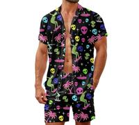 HUGLAZY Mens 2 Piece Outfit St. Patrick's Day Shirts Short Sleeve Hawaiian Shirt And Shorts Beach Outfit Party Disco, Pink Alien, X-Large
