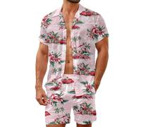HUGLAZY Mens 2 Piece Outfit Summer Shirts Short Sleeve Hawaiian Shirt And Shorts Beach Outfits Party Disco, Red Car, Small