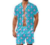 HUGLAZY Mens 2 Piece Outfits Tropical Shirts Short Sleeve Hawaiian Shirt And Shorts Beach Outfit Party Disco, Pink Duck, Large