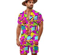 HUGLAZY Mens 2 Piece Outfits Tropical Shirts Short Sleeve Hawaiian Shirt And Shorts Beach Outfits Party Disco, Neon 80s, Small