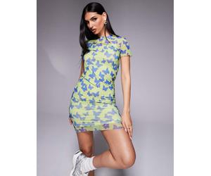 Hugo Blue Womens mesh print short sleeve dress in green with butterfly - Multicolour - Size X-Small