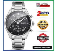 HUGO BOSS Grand Prix HB1513477 Black Dial Silver Strap Chrono Mens Watch 44mm