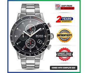 HUGO BOSS HB1513509 Sport Rafale Silver Strap Black Dial Chrono Mens Watch 45mm