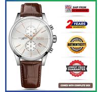 HUGO BOSS JET HB1513280 Brown Leather Strap Silver Dial Chrono Mens Watch 42mm