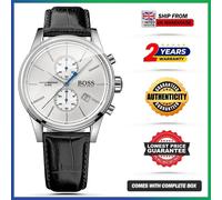 HUGO BOSS JET HB1513282 Chrono Black Leather Strap Silver Dial Mens Watch 42mm