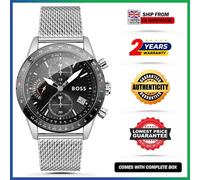 HUGO BOSS Pilot Edition HB1513886 Black Dial Silver Strap Chrono Mens Watch 44mm