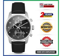 HUGO BOSS Skymaster HB1513782 Chrono Black Leather Strap Dial Mens Watch 44mm