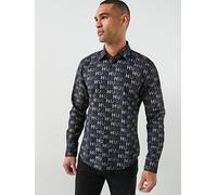 HUGO Ermo All Over Printed Logo Poplin Shirt, Black, Size L, Men Black