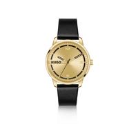 HUGO Gold-tone watch with black leather strap - Style #STAMP, HB1530363 Gold pcs.