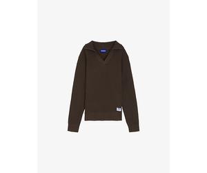 Hugo Hugo Oversized Waffle-Knit Polo Jumper Dark Brown L