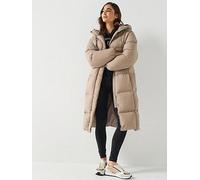 HUGO Long Hooded Puffer Coat, Beige, Size L, Women Beige