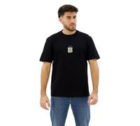 HUGO Mens Dalsar Cotton-Jersey T-Shirt with Stacked Smoke Logo Prints Black