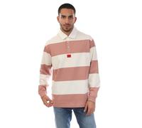 Hugo Mens Diragbi Stripe Long-Sleeved Polo Shirt - White/Pink - L - White/Pink - 100% Cotton