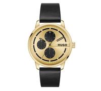Hugo Men's Gold Tone Dial Black Leather Strap Watch