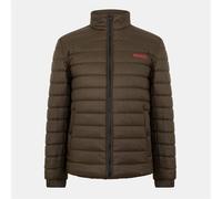 Hugo Mens Horizontal Stripe Patterned Printed Logo Ribbed Cuff Puffer Jacket in Dark Green - Size Small