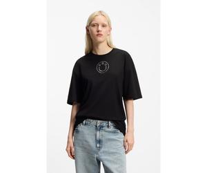 HUGO Oversized-fit cotton T-shirt with rhinestone Happy HUGO logo - Style Oversized _Tee_B_9, 50554940 Black M