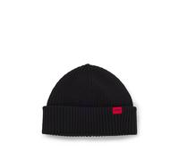 HUGO Ribbed wool-blend beanie hat with red logo label - Style Xush_R, 50551267 Black pcs.