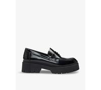 Hugo Womens Black Logo-plaque Flat Leather Loafers Eur 37 / 4 Uk Women