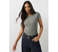HUGO Women's Slim-Fit T-Shirt In Ribbed Stretch Cotton With Logo, Green, Size L, Women Green