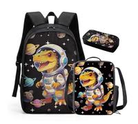 HUGS IDEA 3 in 1 Kids Backpack Set Astronaut Dino Print 17 Inch Primary School Rucksack with Insulated Lunch Bag Pencil Case Lightweight Durable for Boys Age 6-12 Back to School