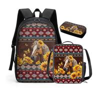 HUGS IDEA 3 in 1 Kids Backpack Set Aztec Horse Print 17 Inch Primary School Rucksack with Insulated Lunch Bag Pencil Case Lightweight Durable for Boys Age 6-12 Back to School