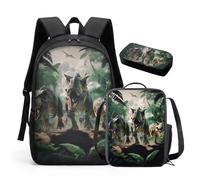 HUGS IDEA 3 in 1 Kids Backpack Set T Rex Herd Print 17 Inch Primary School Rucksack with Insulated Lunch Bag Pencil Case Lightweight Durable for Boys Age 6-12 Back to School