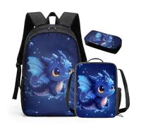 HUGS IDEA 3 Piece Kids Backpack Set Water Dragon Design 17 Inch Primary School Bag with Insulated Lunch Tote Pencil Case Lightweight Waterproof for Boys Age 6-12 Back to School