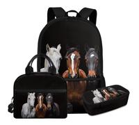 HUGS IDEA 3D Horse Backpack for Kids School Backpack Set for Boys 3Piece Schoolbag Set with Lunchbox Pencil Case Lightweight Kids Book Bags for Boys 10-12 Kids Casual Daypack Rucksack