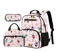 HUGS IDEA 3pcs Kids School Bag Ladybug Print with Meal Bag and Pencil Case 13.5 Inch Multiple Pockets Bookbag for Little Kids Kindergarten Early Elementary