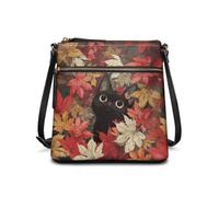 HUGS IDEA Autuman Cat Crossbody Bag for Women Maple Leaf Leather Handbags with Adjustable Strap Retro Shoulder Bag for Fall Party Stylish Cell Phone Wallet for Travel