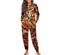 HUGS IDEA Autumn Cats Pajamas for Women Set Maple Leaf 2 Piece Lounge Sets for Thanksgiving Party Fall Loungewear with Pants Long Sleeve Sleepwear Cozy Nightwear