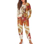 HUGS IDEA Autumn Kitten Pajamas for Women Set Maple Leaf Loungewear Long Sleeve Sleepwear 2 Piece Womens Lounge Sets Soft Nightwear with Drawstring Waist Pants
