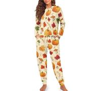HUGS IDEA Autumn Leaf Pajamas for Women Set Pumpkin Long Sleeve Sleepwear Trendy Womens Loungewear Set 2 Piece Fall Nightwear Fashion Ladies Pjs with Pants