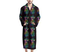 HUGS IDEA Bathrobe Men Dressing Gown, Pineapple, Black Colorful Tropical Fruit, Novelty Deisgn Absorbent Towelling with Long Sleeves, 2 Pockets, Belt, V Collar Bath Robe Full Length