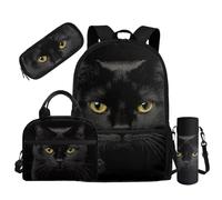 HUGS IDEA Black Cat Backpack for Teen Girls Cat Print School Bag with Lunch Bag for Kids School Backpack for Elementary School 4 in 1 School Bag Set fot Girls 6-8 Kids Travel Backpack