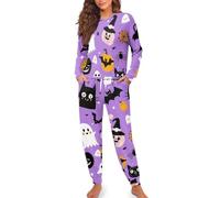 HUGS IDEA Black Cat Pj Sets for Woman Ghost Ladies Loungewear Set 2 Piece Lounge Set with Pants Long Sleeve Gothic Pajama Sets Trendy Nightwear Cozy Sleepwear for Lady