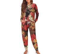 HUGS IDEA Black Cat Womens 2 Piece Lounge Set Autumn Leaf Pajama Sets for Women Drawstring Waist Nightwear Stylish Fall Loungewear with Pockets Autumn Outfits
