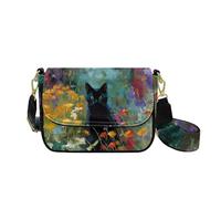 HUGS IDEA Black Cat Women's Shoulder Purse Flowers Trendy Crossbody Handbag with Zipper Pockets Leather Crossbody Bag Creative Hobo Bags for Lady Daily Use Purses