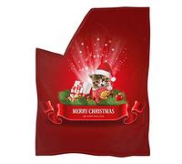 HUGS IDEA Blanket Merry Christmas Cat Print, Stars Gift Xmas Bell Red Throw Blankets Funny Cute Warm Knee Blanket Bed Sheet, Anxiety Relief Fuzzy Blanket-XL
