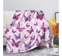 HUGS IDEA Blanket Pink Butterfly Microfibre Sherpa Fleece Blanket Warm Soft Cozy Camping Blankets Purple Butterflies Daisy Flower Bed Couch Sofa Settee Throws-L