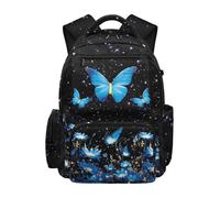 HUGS IDEA Blue Butterfly Backpack for Kids Girls 17" Cute Cartoon Backpack for School Large Capacity Bookbag for Students Lightweight