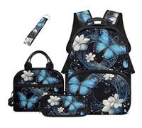 HUGS IDEA Blue Butterfly Backpack Set for Girls Lightweight School Backpack with Lunch Box Pencil Case Lightweight Student Bookbag for School Girls 17 Inch Schoolbag for Preschool Kids