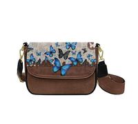 HUGS IDEA Blue Butterfly Crossbody Bags for Women Pu Leather Shoulder Purse with Wide Strap Retro Crossbody Handbag for Lady Work Lightweight Travel Purse